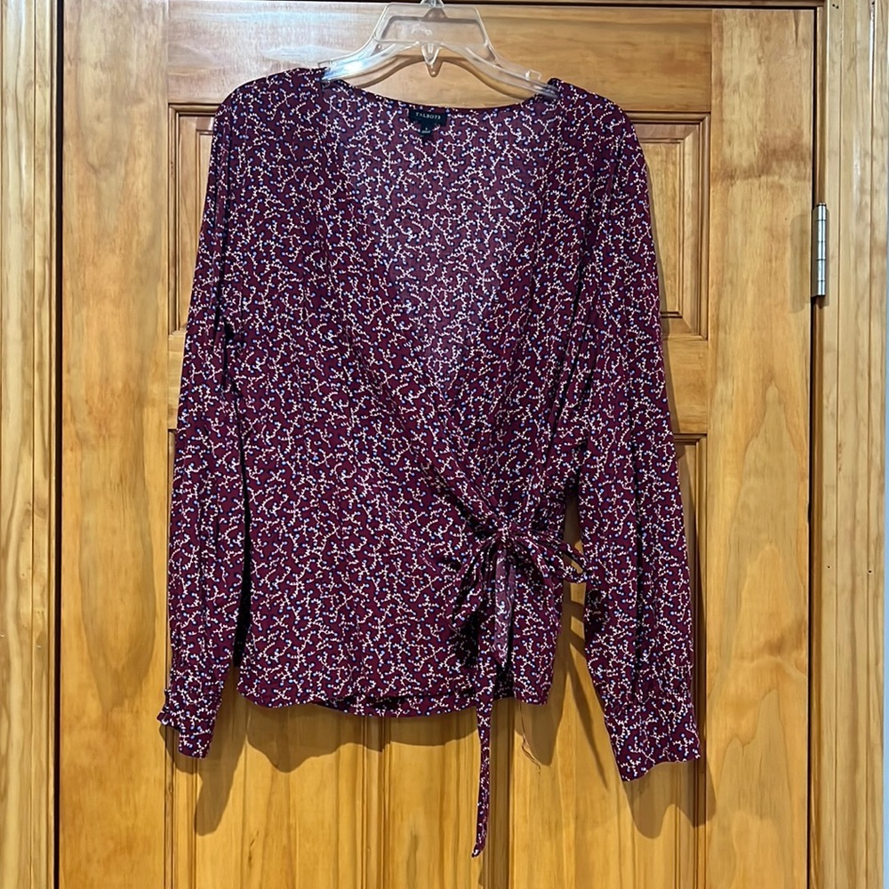 Talbots Burgundy Floral Wrap Blouse V-Neck Top